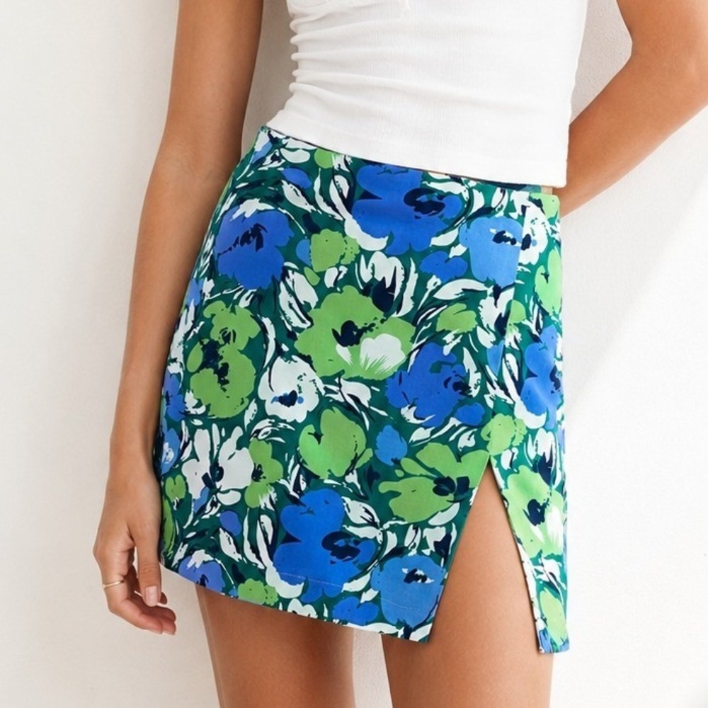 Molly Green Floral Mini Skirt Green Blue Botanical Print Side Slit Lined Size S
